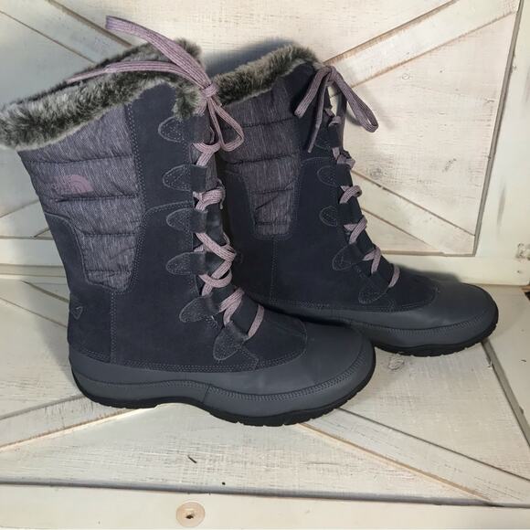 The North Face Nuptse faux Fur Boots Iron Gate Grey Quail Grey purple sz 8.5 - Picture 3 of 10